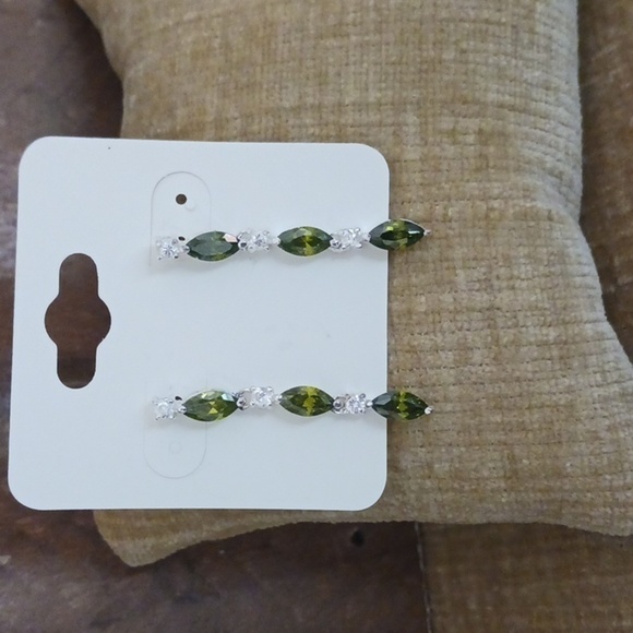 Silver Tone Peridot Green Rhinestone Crystal Drop Post Earrings - Picture 2 of 6